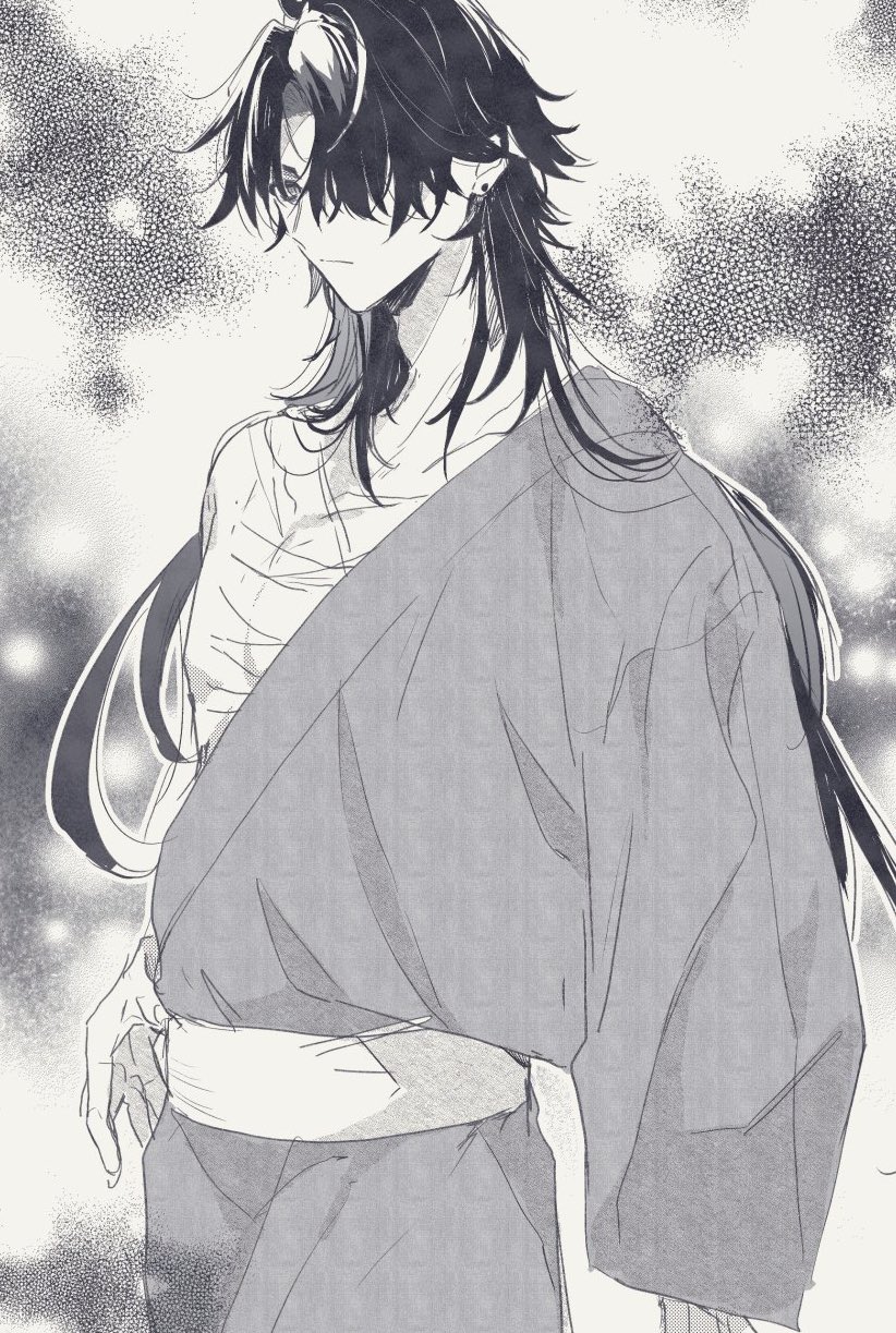 a grayscale illustration of a young man with long black hair, wearing a yukata, standing against a blurred background. he has a serious expression on his face and his eyes are closed.  the illustration is done in a manga style, with a sketchy look and a focus on the character's features. the background is mostly blurred with some light shining through it.