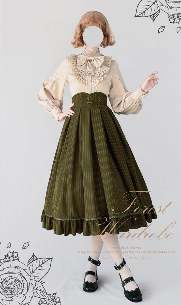 a woman is standing in front of a white background with floral graphics, modeling a green and cream lolita fashion outfit. the outfit consists of a long, green, highwaisted skirt with a lace trim, a creamcolored ruffle blouse with a lace collar and bow, and black laceup shoes. the woman is posing with one hand on her hip and the other hand slightly raised. the lighting is soft and the perspective is eyelevel.