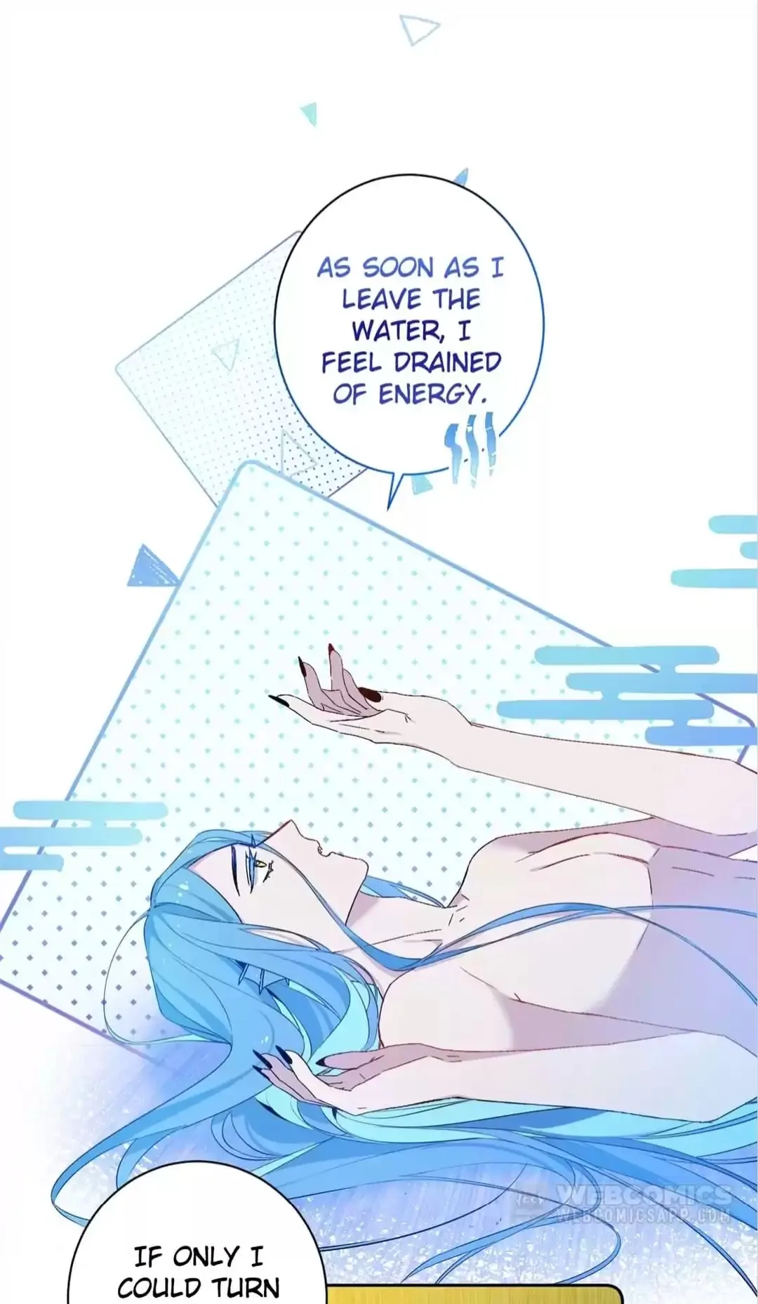 he image is a mangastyle illustration of a young woman with long, flowing blue hair lying down. she appears tired and drained of energy.  thought bubbles contain text expressing her feelings of weakness and exhaustion upon leaving the water. the style is light and airy, with a soft color palette of blues and purples.  the art style is reminiscent of a light novel or manhua.