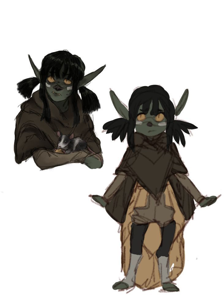 this is a digital drawing of two goblin/elflike creatures, both are female and wearing brown clothes, the first is sitting and holding a rat, the second is standing with its arms outstretched.
