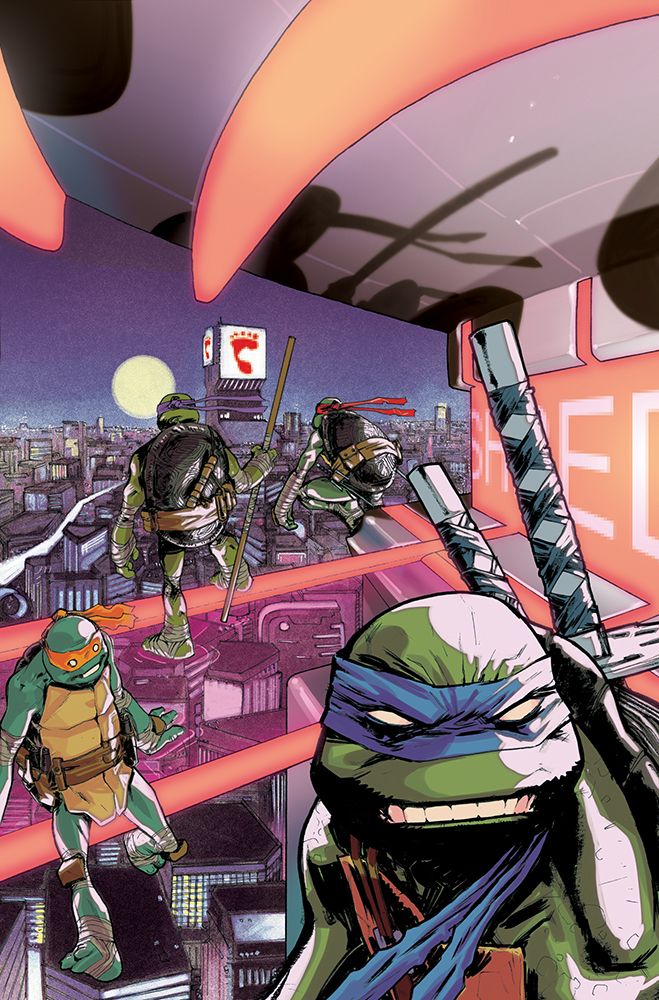 the teenage mutant ninja turtles are shown in a futuristic cityscape.  leonardo is in the foreground with a serious expression, while donatello, raphael, and michelangelo are in the background, about to attack. they are all wearing their signature masks and holding their weapons.  the city is brightly lit with neon signs.