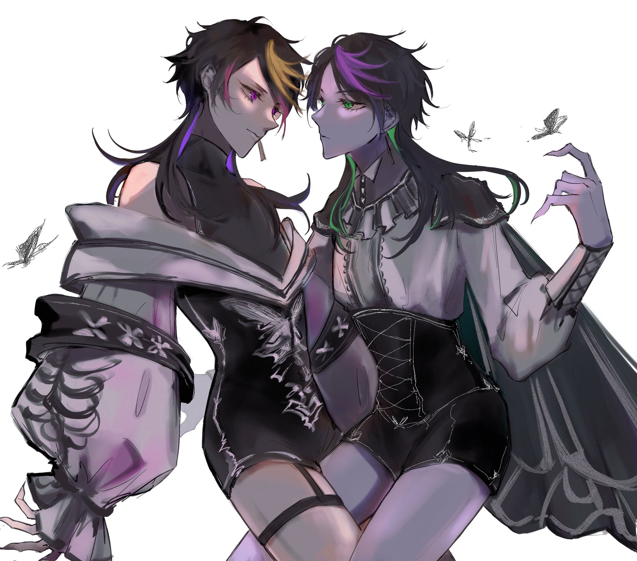 two anime boys standing side by side are looking at each other. they are wearing black outfits. the boy on the left has long black hair with purple highlights and purple eyes. he is wearing a black and white outfit with a large, ruffled sleeve. the boy on the right has long black hair with green highlights and green eyes. he is wearing a white shirt with a black corset and a long cape. they are both wearing jewelry and accessories. there are small black butterflies fluttering around them.