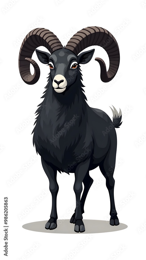 a cartoon black sheep with big horns standing on a white background.