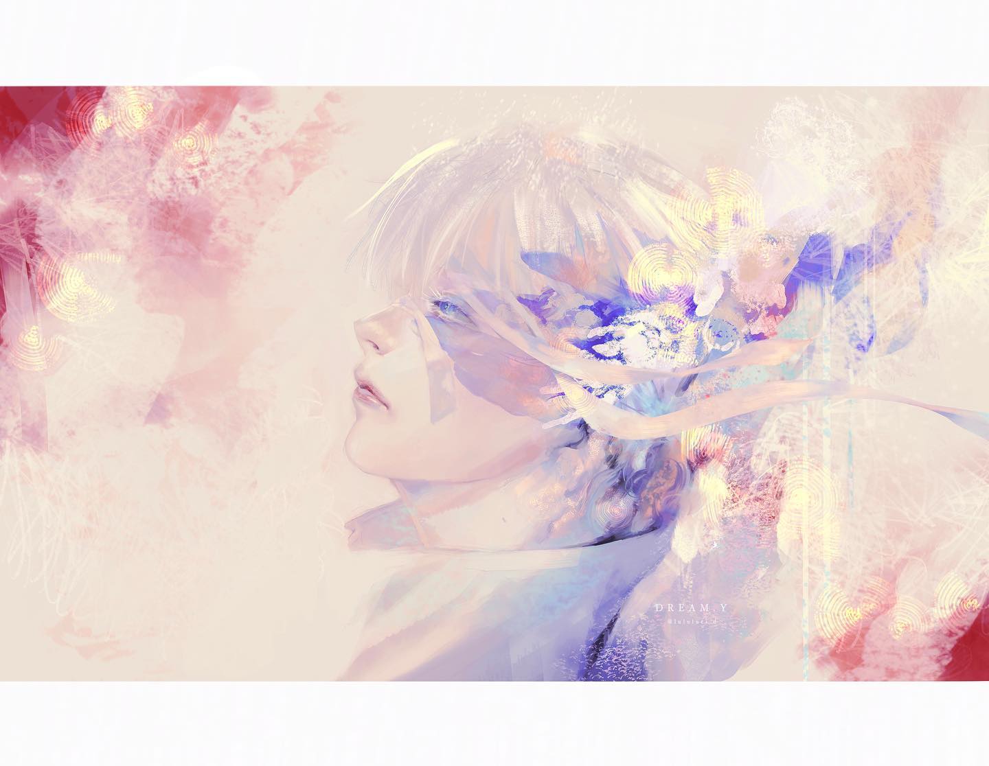 the image showcases a dreamy portrait of an animestyle boy with white hair. rendered in soft, pastel hues, he's depicted in profile against an abstract background with swirling patterns and glowing elements. delicate, translucent flowers seem to emerge from his hair, blending with the ethereal atmosphere. the overall effect is one of serenity and otherworldly beauty.