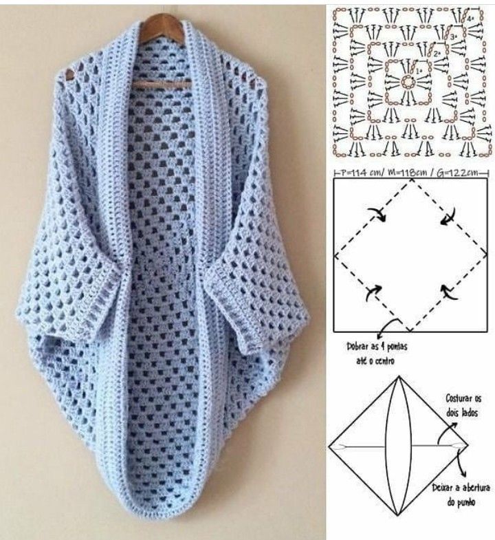 the image shows a crocheted cardigan with diagrams providing instructions on how to make it. the cardigan is light blue, made of granny squares. the image includes a stitch diagram, instructions for folding and sewing the squares to form the cardigan.