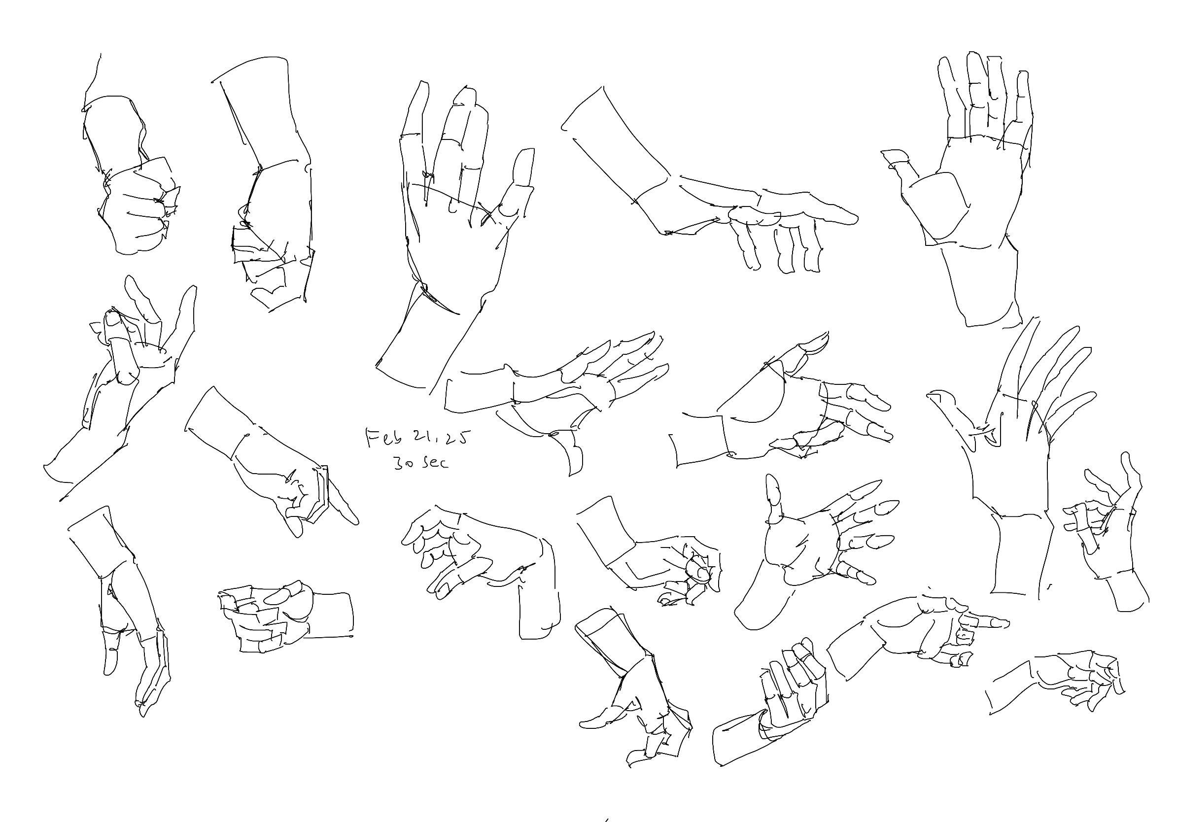 the image shows a collection of quick hand sketches, primarily in line art, capturing various hand poses and gestures. the sketches appear to be practice studies of hands and arms, potentially from a sketchbook. the style is loose and gestural, focusing on capturing the essence of the poses in a short amount of time. some sketches include portions of the arm. the date "feb 21,25" and the time "30 sec" are noted, indicating that these were likely 30second gesture drawings.