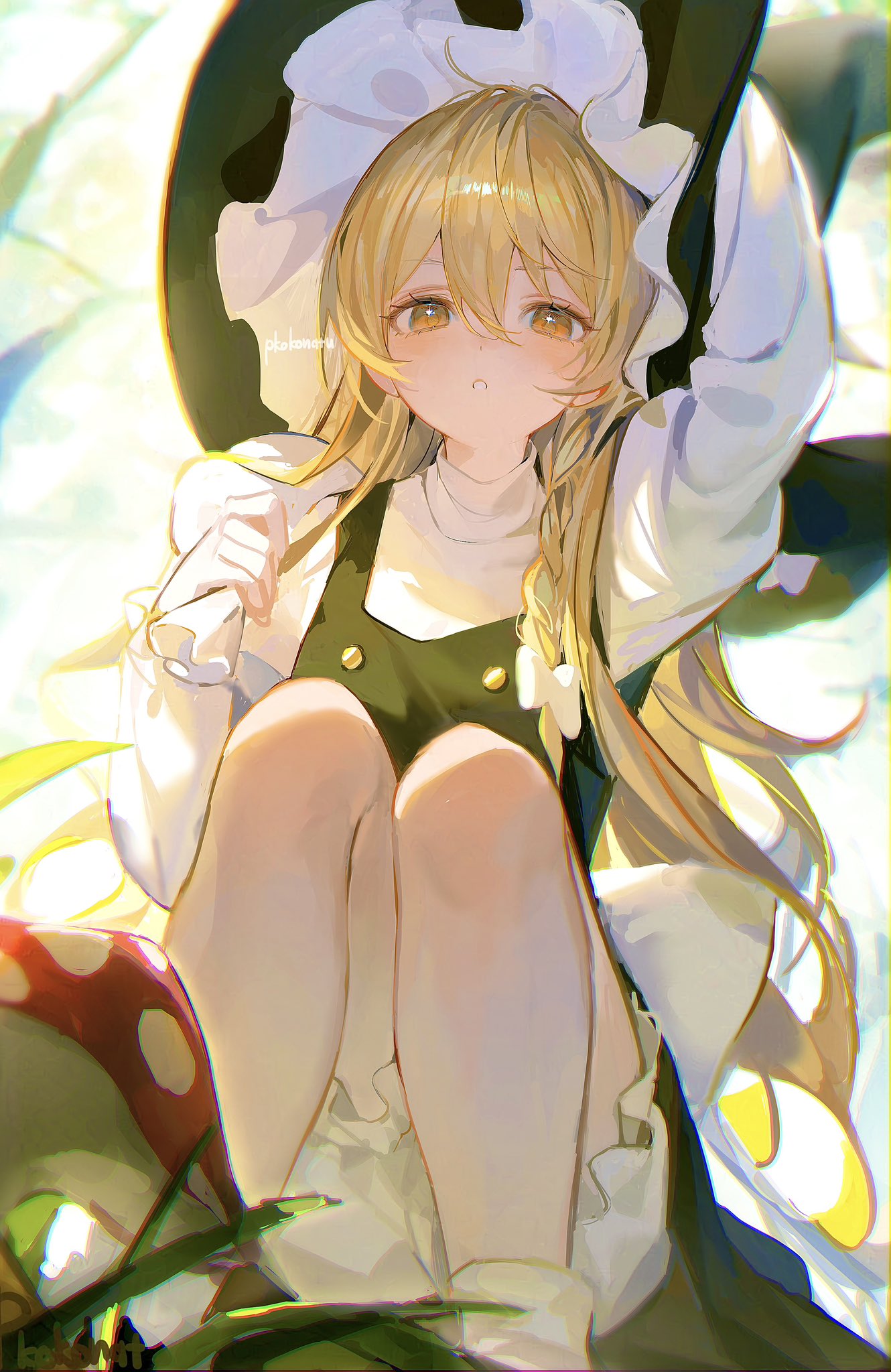 the image is a digital painting of a cute anime girl with long blonde hair, wearing a witchlike hat and dress. she is sitting down with her knees bent, and her expression is innocent and slightly shy.  she's surrounded by bright sunlight and greenery, with a large red and white mushroom visible in the foreground. the overall style is soft and whimsical, with a focus on bright colors and delicate details. the art style is painterly, blending soft edges and bright, light tones.