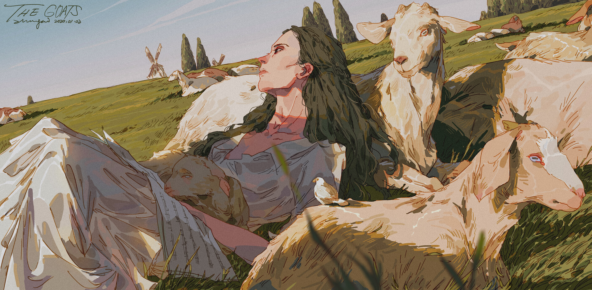 a woman with long dark hair is laying down in a field with a goat by her side. she is wearing a white dress and the goat is white. there are other goats in the background, and it appears to be a sunny day. the scene is very peaceful and idyllic.
