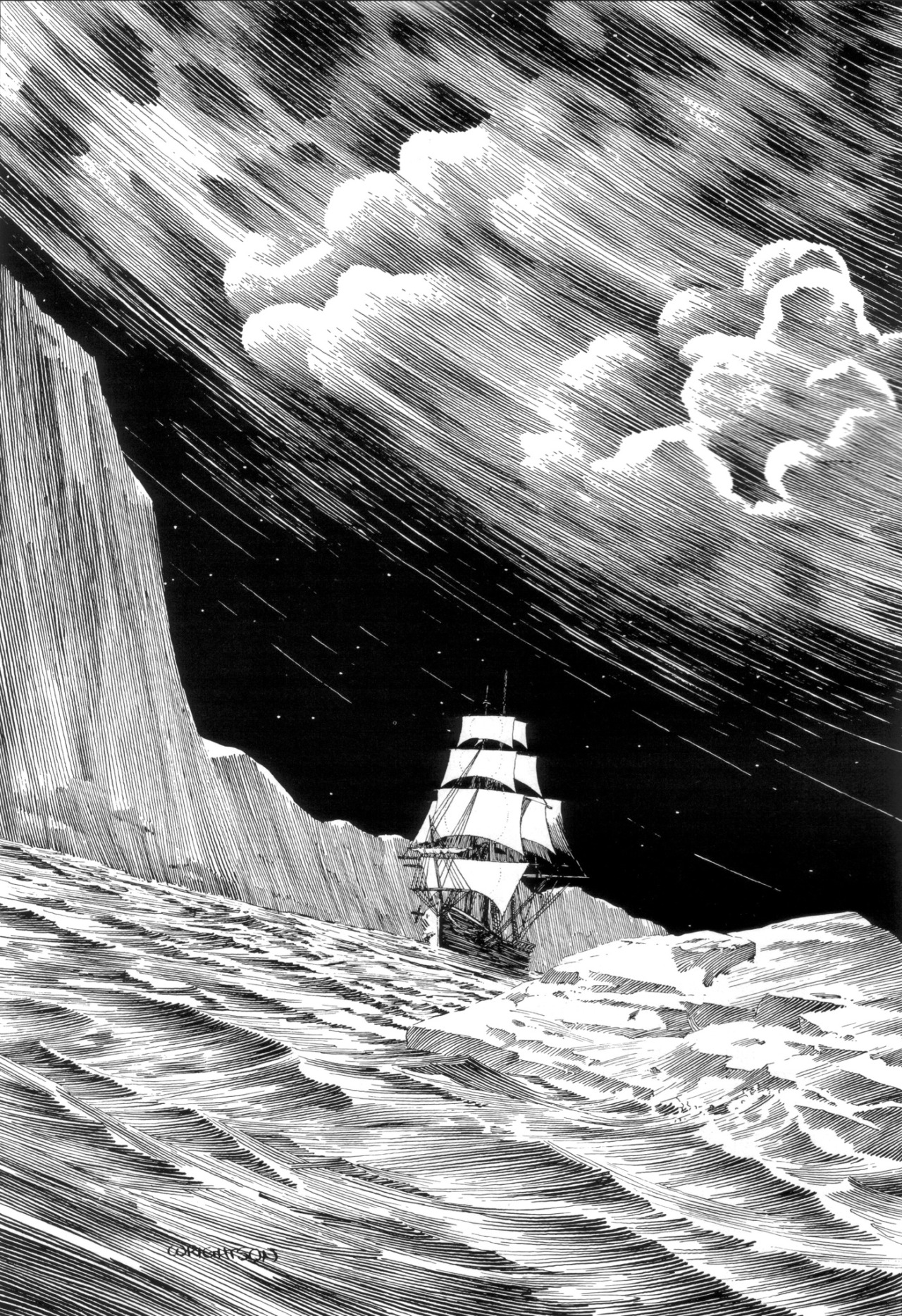 this is a black and white engraving depicting a ship sailing on a stormy sea at night. the ship is in the center of the image, with its sails full of wind. the sea is rough, with waves crashing against the ship. the sky is dark, with clouds swirling overhead. a mountain range can be seen in the distance on the left side of the image.
