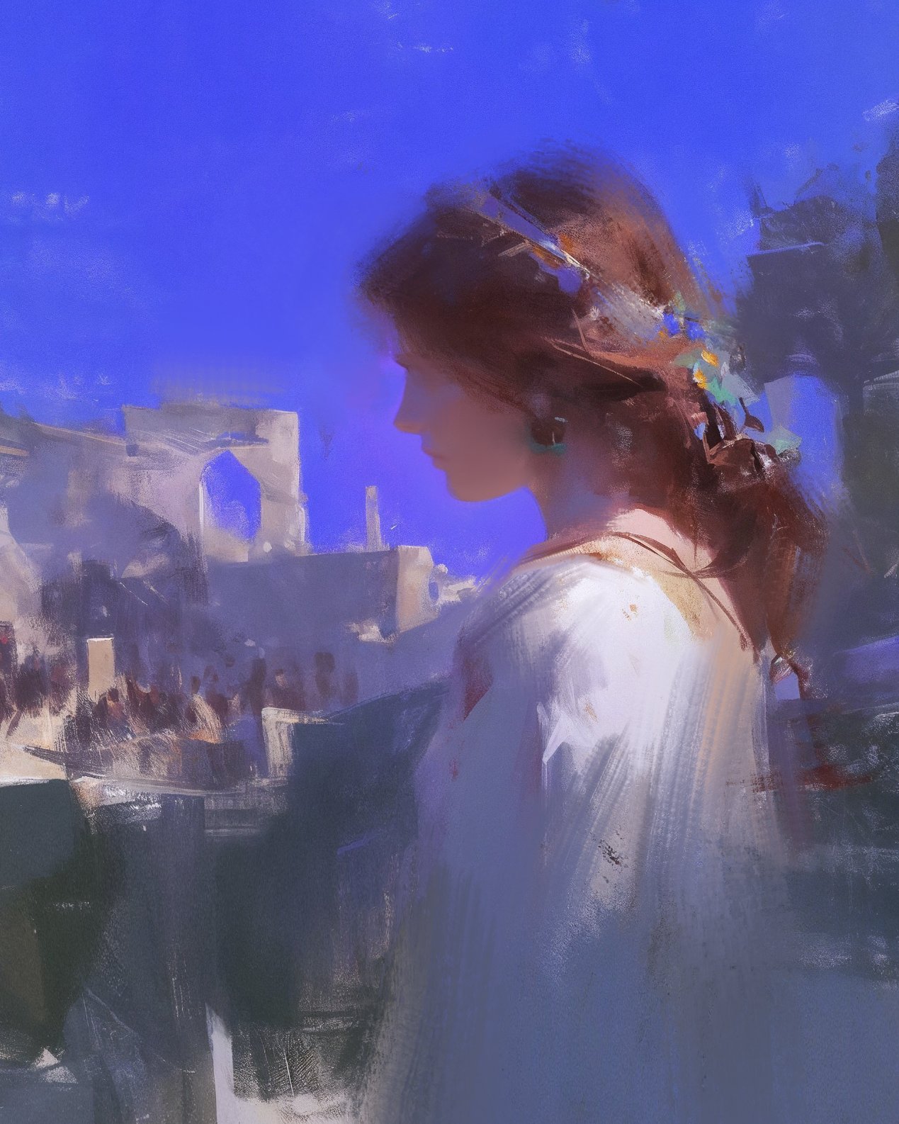 the painting depicts a young woman with long brown hair, standing in a city setting with a backdrop of ruins and a blue sky. the woman is wearing a white dress and has a pensive expression on her face. the soft brushstrokes create a dreamy and romantic atmosphere. the painting captures a sense of mystery and contemplation, inviting the viewer to speculate about the woman's thoughts and feelings.