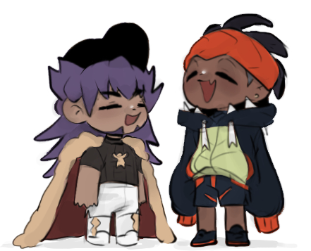 this illustration depicts two anime boys standing sidebyside. both boys are smiling and appear happy. the boy on the left is wearing a purple and white hat, a black shirt, white pants, and a red cloak. he has purple hair. the boy on the right is wearing a black jacket, red pants, and black shoes. he has black hair and is wearing a red and orange headband. the illustration is done in a cartoon style and is digital in nature.