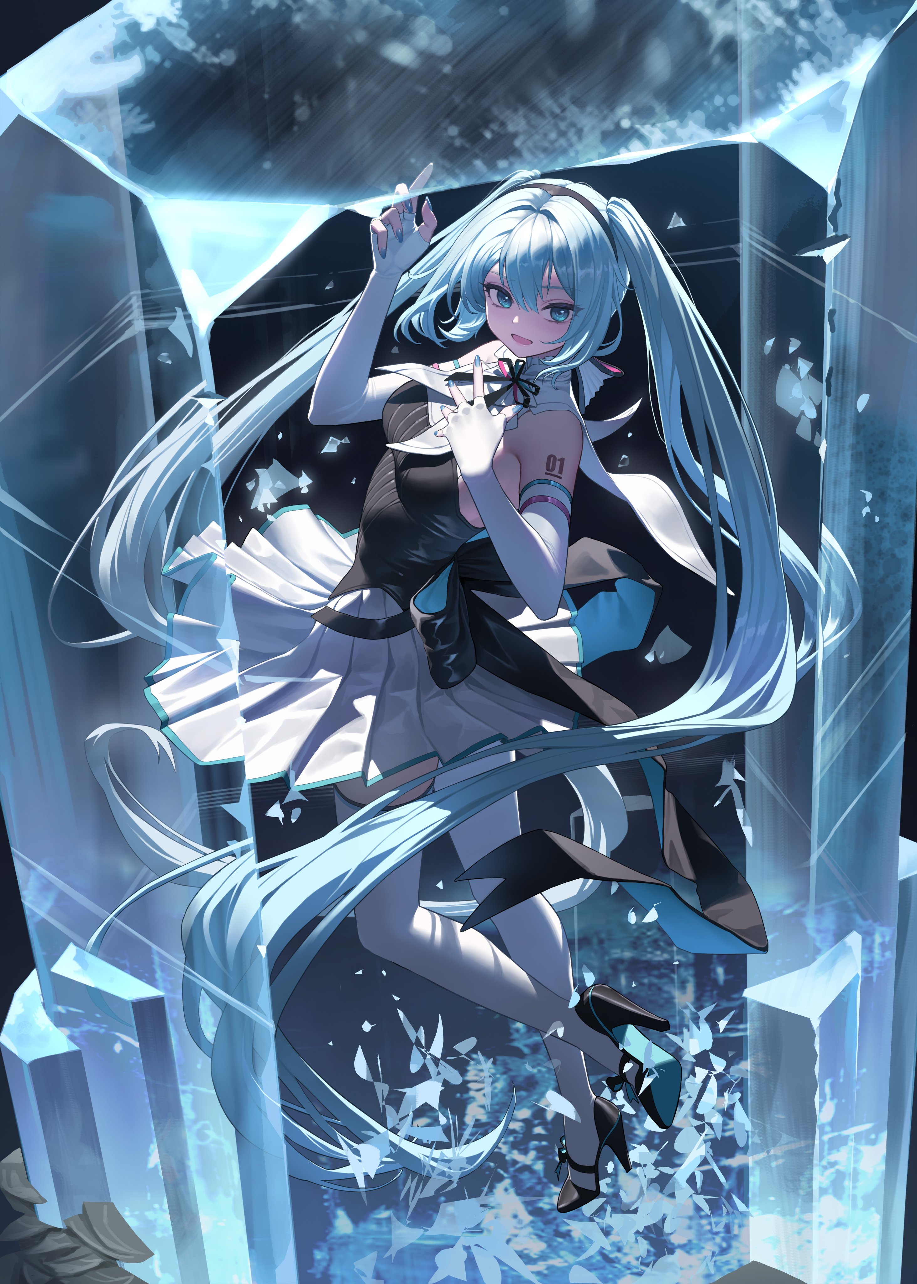 an anime girl, presumably hatsune miku, is floating inside a large ice crystal structure. she has long blue twin tails and is wearing a black and white dress with heels. she is pointing with one hand and has a glove on the other. there are pieces of broken glass surrounding her. the image is digital art.