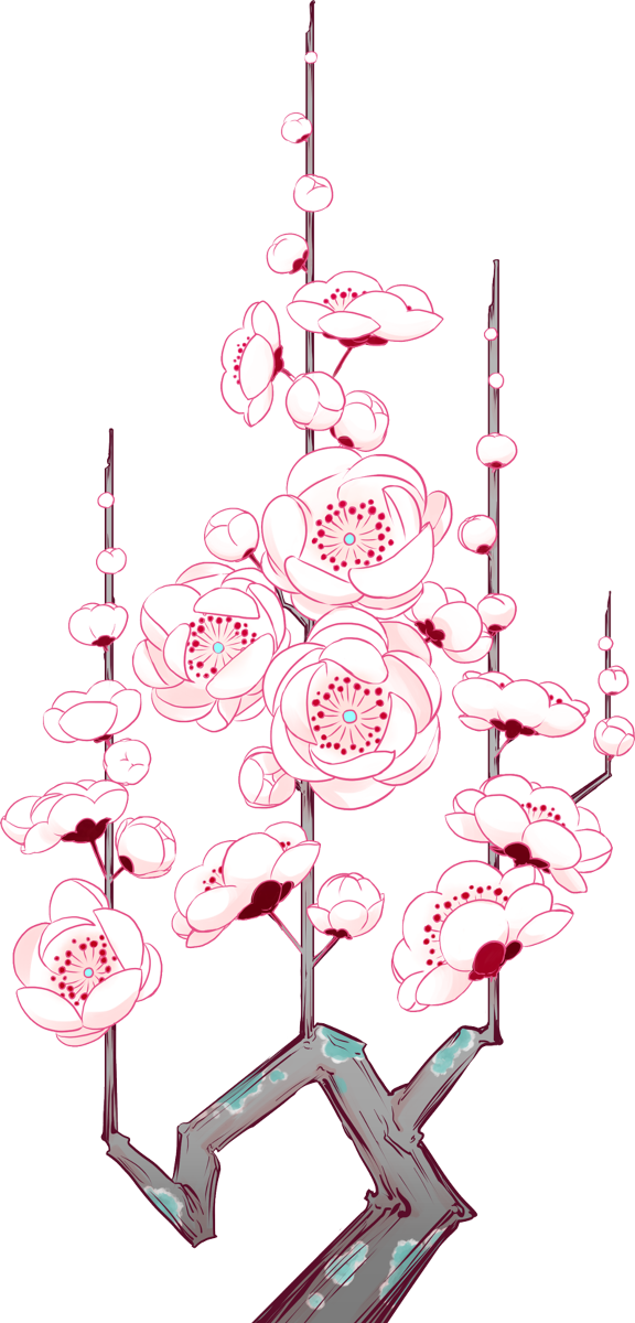 an illustration of stylized pink and white flowers with green leaves on dark brown branches, all on a black background. the image has a stylized, graphic, slightly flat look.