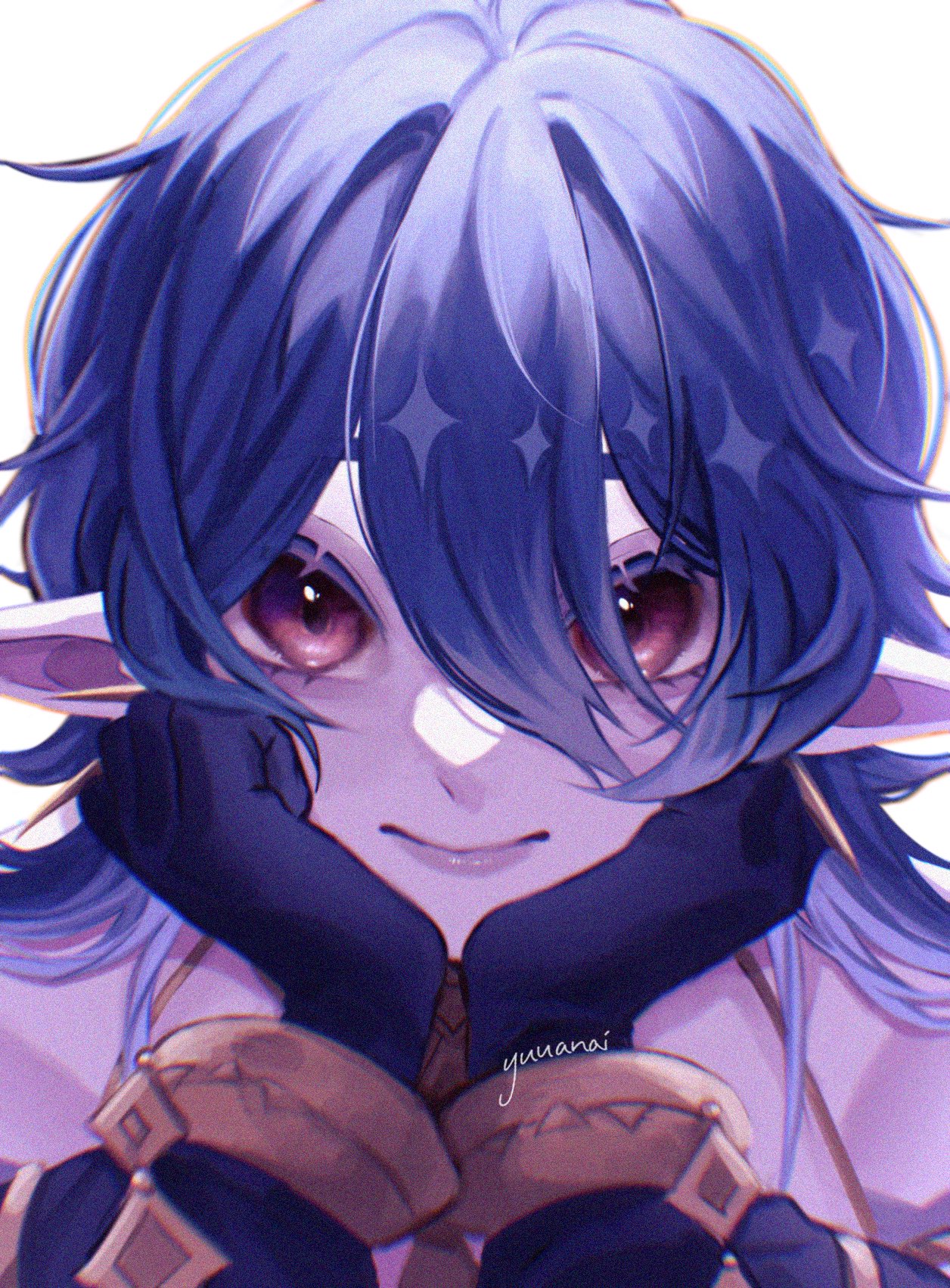 a closeup image of a cartoonish anime elf girl with long purple hair, large eyes, and a soft smile. the girl is looking at the viewer with a charming expression. her clothes are a mixture of purple and brown, and she is wearing a black choker with a silver pendant. her pointy ears are slightly visible behind her hair. the background is a soft white, which makes the girl stand out.  this drawing is a beautiful example of digital art. the artist has captured the girl's cuteness and innocence perfectly.
