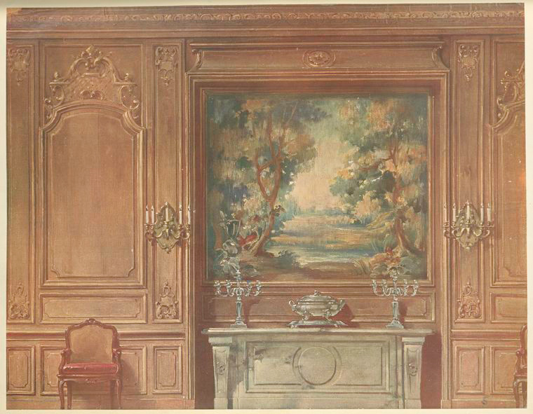 the image shows an interior with ornate wall paneling, a fireplace with a landscape painting above it, candelabras, and a chair. the style appears to be classical or traditional.