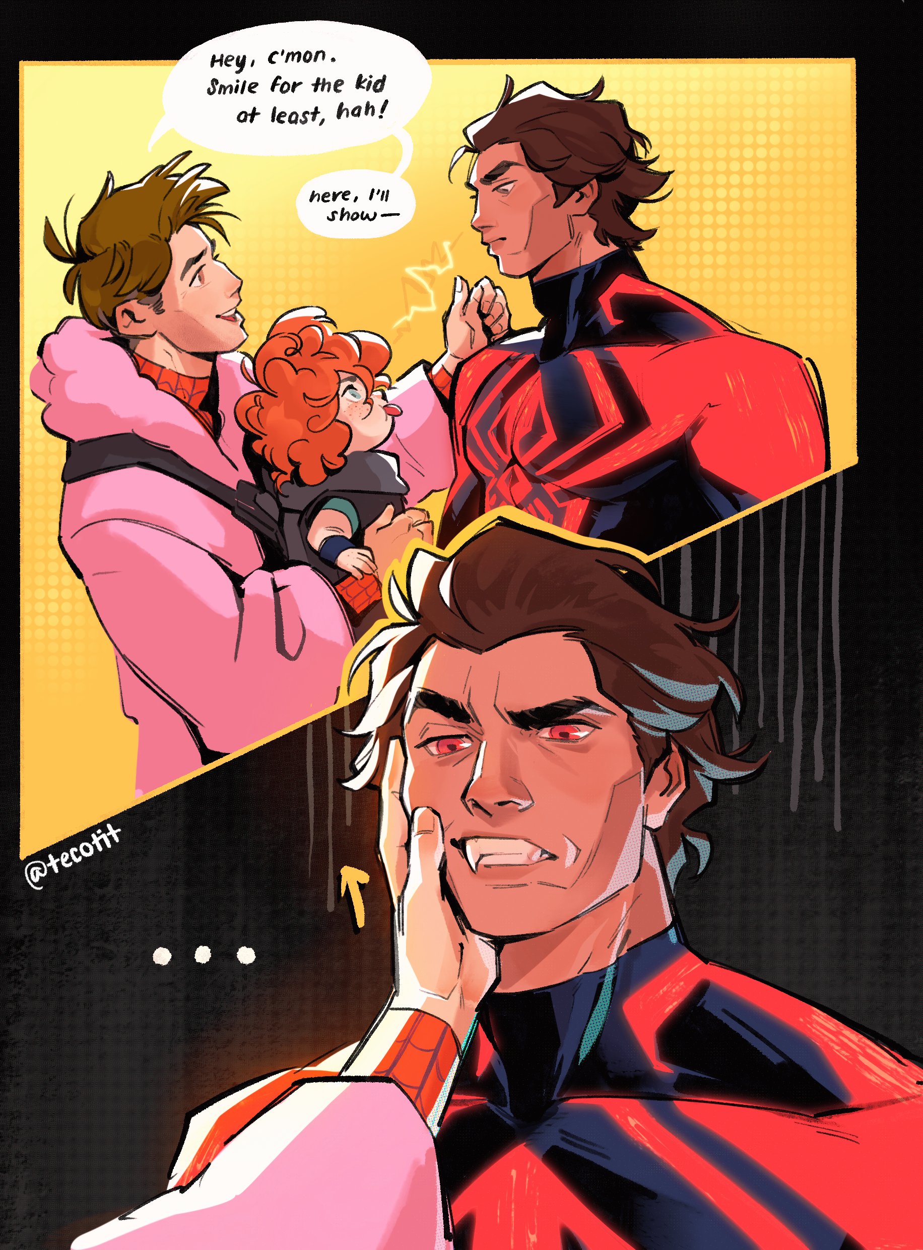 the image shows a comic book style illustration of three characters. the first panel has two men, one in a red and black suit with a small child in his arms and the other in a pink fluffy coat with a spiderman logo. the second panel has the man in the red and black suit looking down at the viewer. the bottom panel is mostly black and shows the man with the pink coat touching the red and black man's face.