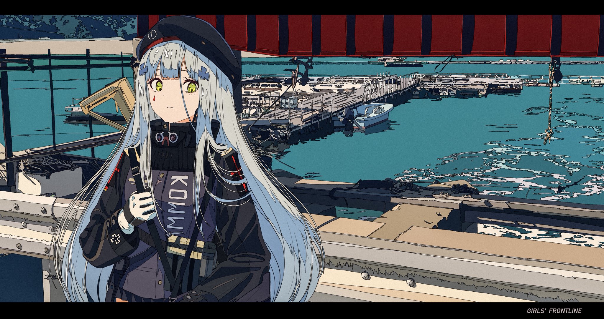 the image is a stylized digital illustration featuring an anime girl with long, flowing white hair, striking blue eyes, and wearing a dark militarystyle uniform with the word "kommw" visible on her jacket. she's also wearing a black beret.  she stands on a weathered dock overlooking a calm harbor with numerous boats moored at the docks. the art style is a blend of anime and a slightly more painterly approach, with distinct linework and color choices giving it a unique aesthetic. the background depicts a serene harbor scene under a sunny sky, creating a contrast between the girl's military attire and the peaceful environment. the overall mood is one of quiet contemplation or perhaps watchful observation. the watermark "girls' frontline" is visible at the bottom right, suggesting the image is fan art or promotional material related to that game.