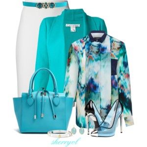 the image displays a stylish outfit composition featuring a white skirt with a turquoise belt, a matching turquoise blazer, and a patterned shirt with blue, white, and green hues. a turquoise handbag complements the ensemble, along with a pair of high heels with a transparent design. jewelry, including a bracelet and earrings, adds a touch of elegance.