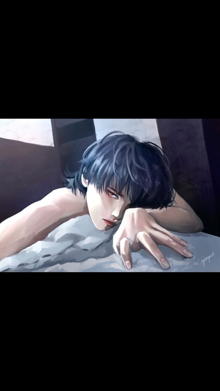 the image is a digital painting or illustration in a style reminiscent of anime or manga. it depicts a young man with short, dark blue hair lying on a bed. he appears sad or melancholic, his face partially obscured by his arm. his expression is downcast, and his hand rests on the bed in a somewhat dejected manner. the overall mood is somber and emotional, enhanced by the soft lighting and muted color palette.  the style is realistic yet stylized, combining elements of both realistic human representation and anime/manga aesthetic characteristics.