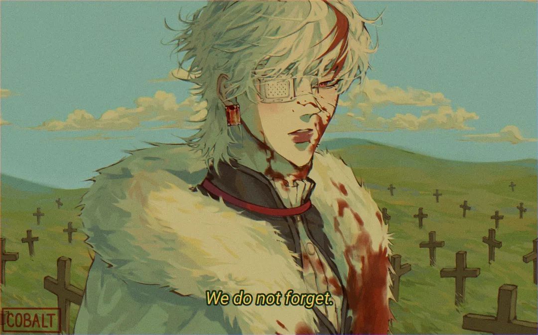 an animestyle illustration of a young man with white hair and an eyepatch stands in a graveyard. he is covered in blood and has a stern expression. the text "we do not forget" is superimposed on the image. the graveyard is depicted in a vintage style with a warm color palette.