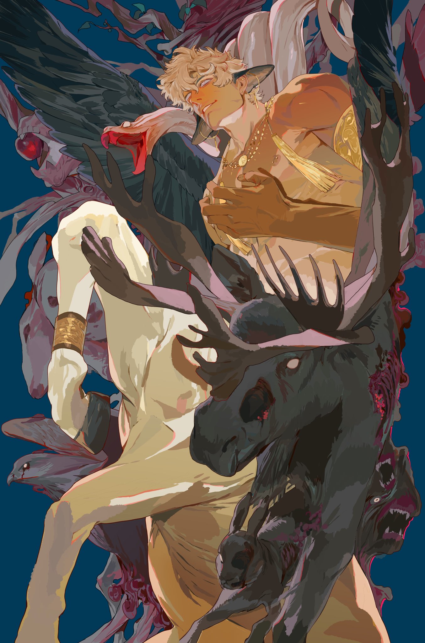 an illustration features a fantasy character, likely a centaurlike figure, with a human torso and a horse body. the character has elven ears and wears gold jewelry. dark animal motifs, including a raven, a snake, a deer, and a moose, are integrated into the composition, adding to the mystical and slightly unsettling atmosphere. the art style is detailed with muted colors on a dark blue background.