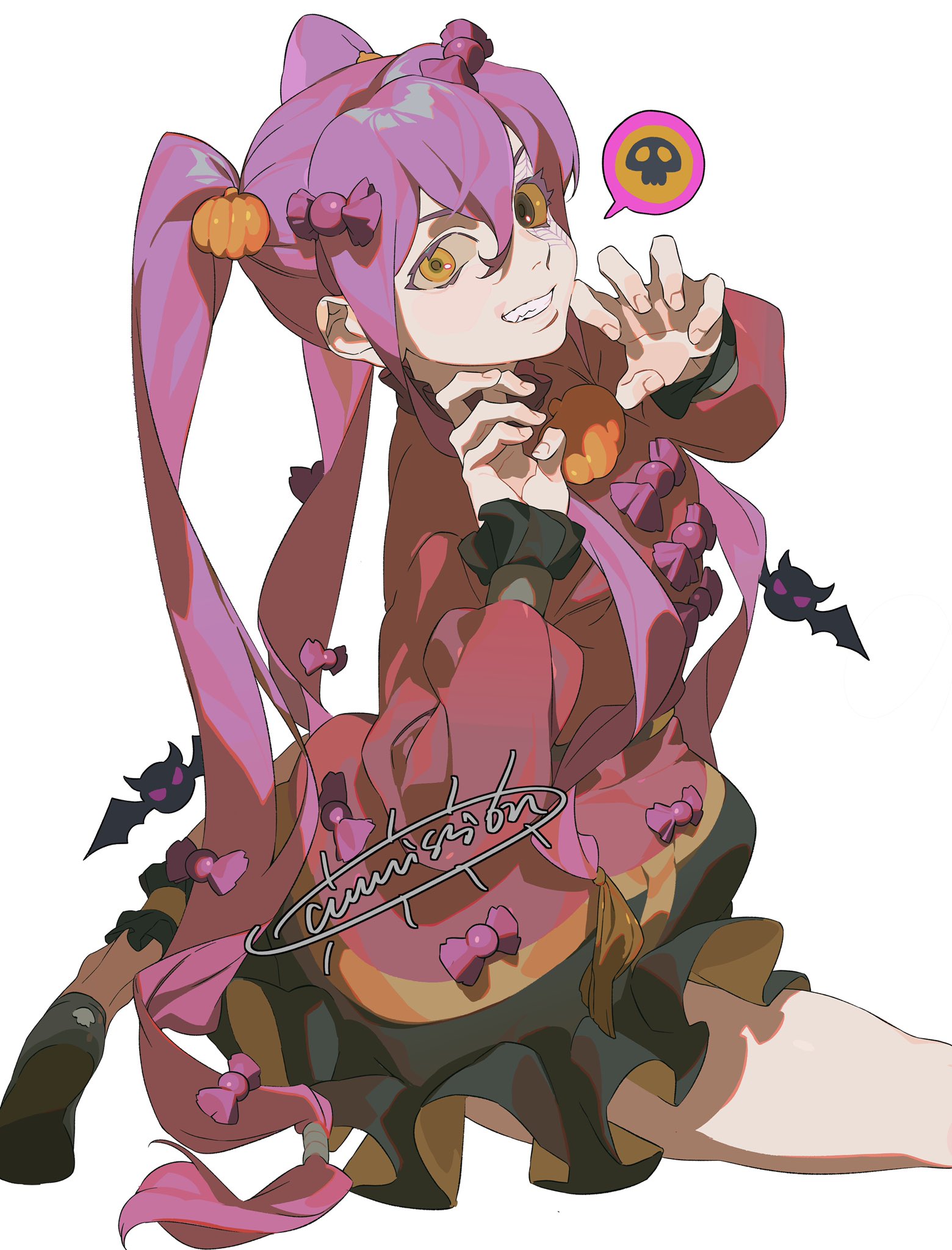 an animestyle girl with pink hair tied in pigtails adorned with pumpkins and bows is smiling mischievously and reaching towards the viewer. a speech bubble with a skull is near her head. she is wearing a red outfit with bat and bow decorations, and the overall theme suggests halloween.
