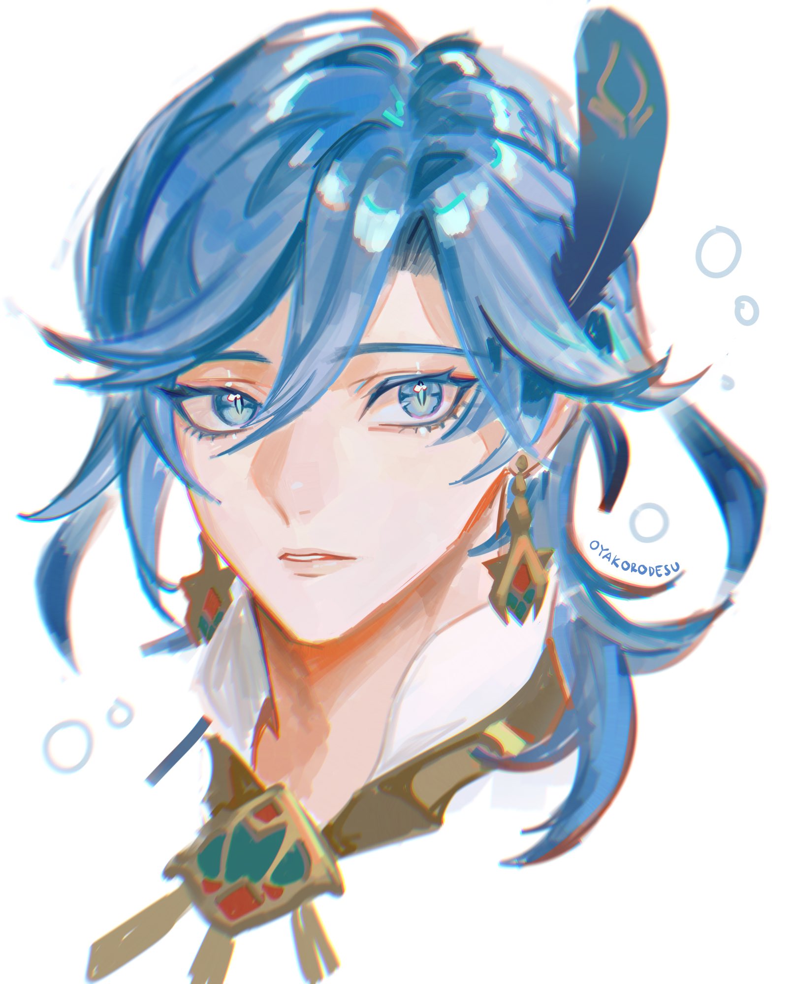a close up portrait of an anime character with blue hair and green eyes wearing a feathered headband. they're looking off to the side, with a thoughtful expression.