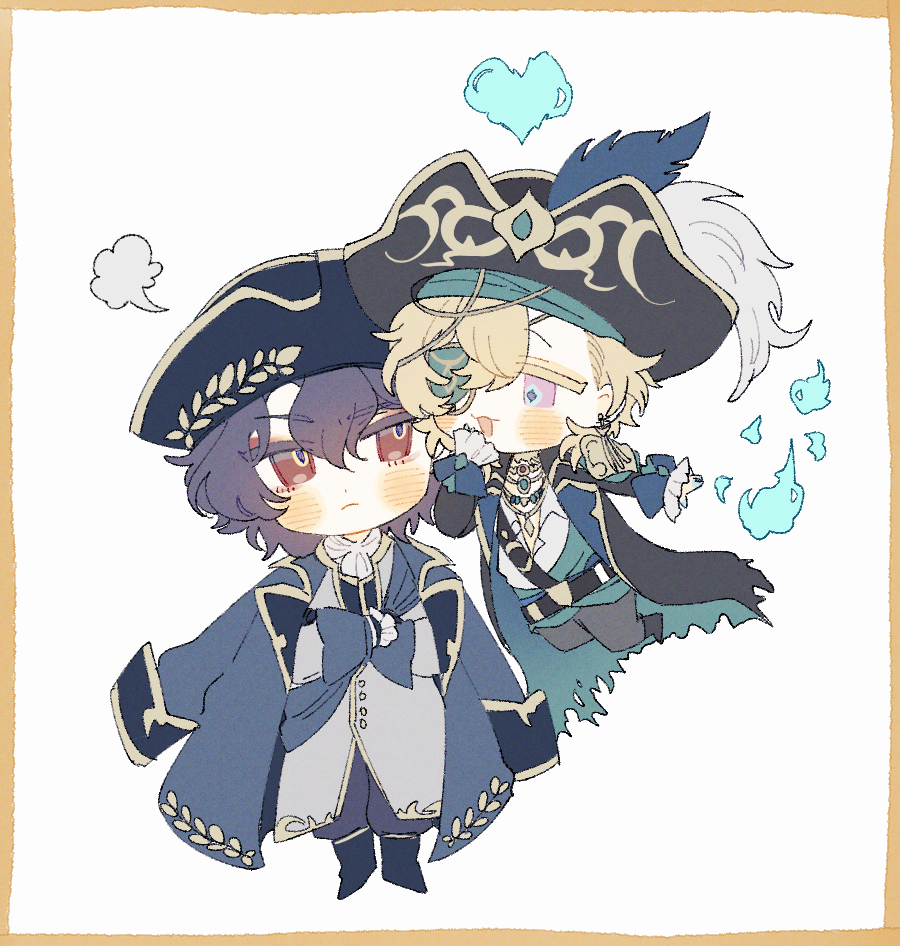 he image is a cute chibi fanart illustration featuring two animestyle boy characters. one is dressed in a dark blue captain's coat with gold details and a matching hat adorned with laurel leaves. the other wears a teal and dark blue pirate outfit with a large ornate hat, and seems to be playfully interacting with the first character. both are blushing, and there are small, sparkling effects around them, suggesting magic or a whimsical atmosphere. the style is soft, with pastel colors and slightly rounded features. a small light blue heart floats above them. the overall aesthetic is sweet and charming.