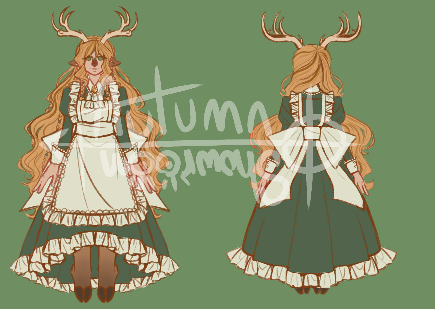 this is a character design of a deer girl, with front and back view shown. she has long flowing blond hair and wears a dark green dress with white accents, resembling a maid outfit. the skirt portion of the dress features ruffles and a white underskirt. the character is depicted against a plain green background.