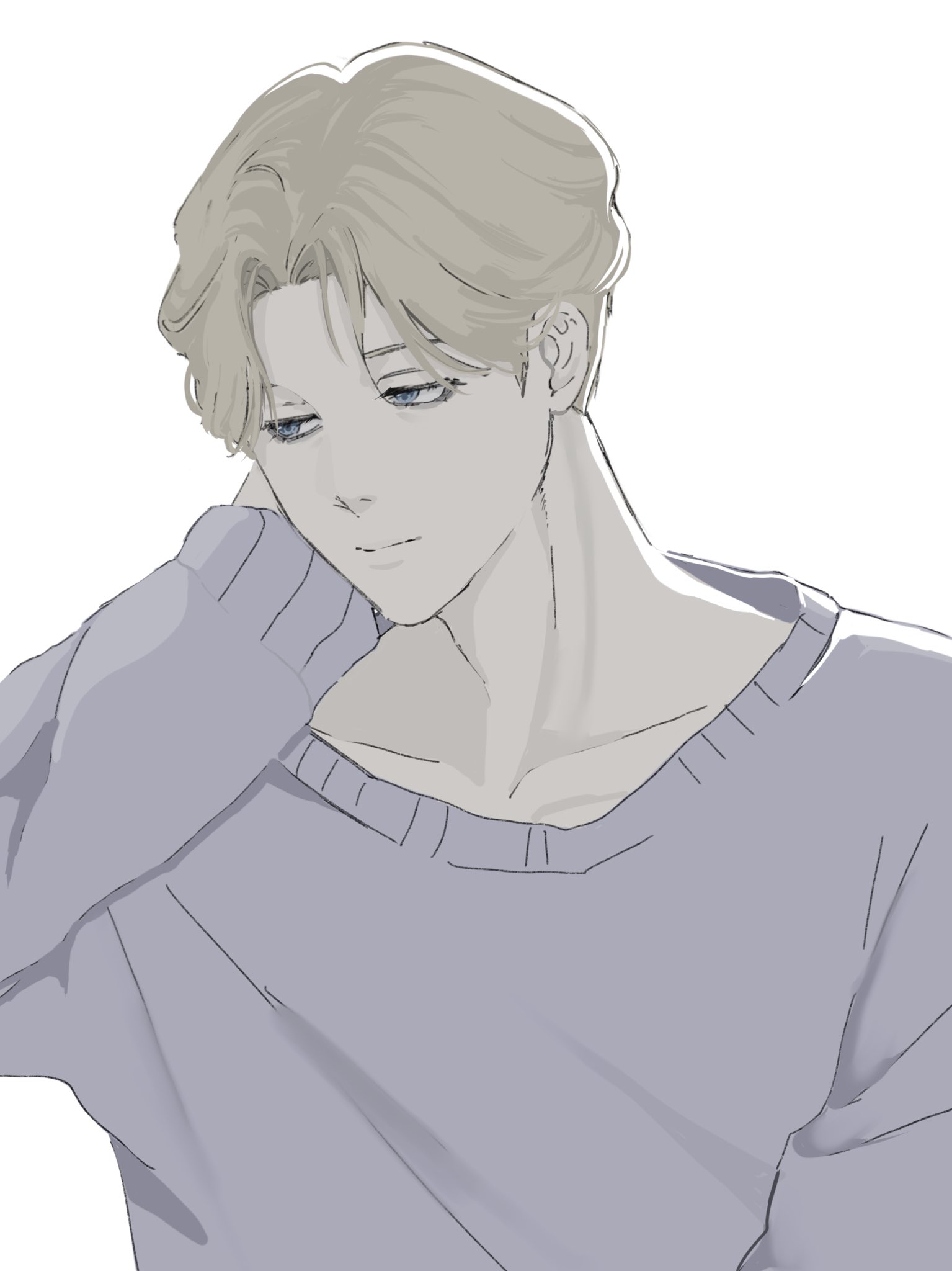 the image is a digital illustration of a young anime boy with blonde hair and blue eyes. he is wearing a gray sweater and has a sad or thoughtful expression on his face. he is looking down, and his body language suggests that he is feeling lonely or melancholic. the image is drawn in a simple, but expressive style.  the color palette is muted, reflecting the mood of the character.  the overall composition is wellbalanced, and the character is the focal point of the image.