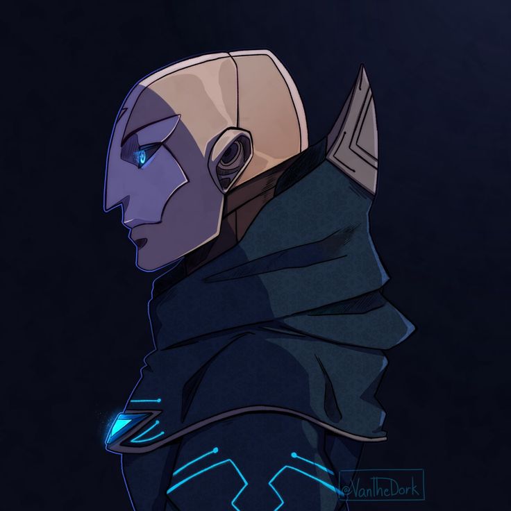 a portrait of jhin from league of legends with a mask and blue highlights.