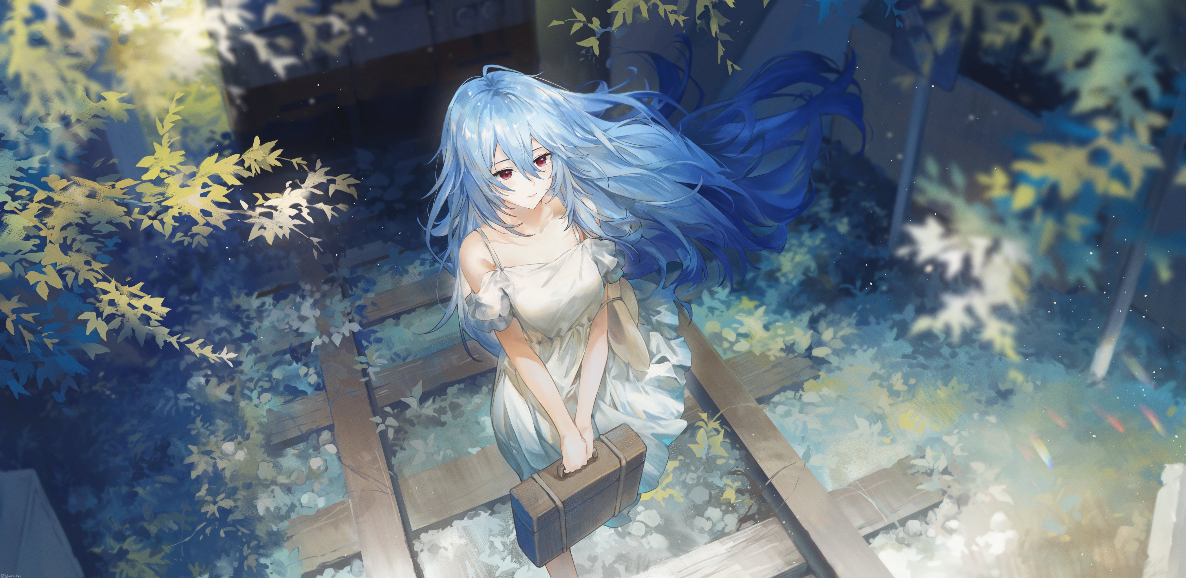 the image is a digital painting or illustration of an animestyle girl with long, flowing blue hair. she's wearing a simple white dress and carrying a brown suitcase. she's standing on what appears to be old train tracks, surrounded by lush greenery and dappled sunlight. the overall atmosphere is serene and slightly mysterious, with a touch of fantasy. the art style is painterly and expressive, with a focus on soft colors and light. the girl's expression is calm and thoughtful.
