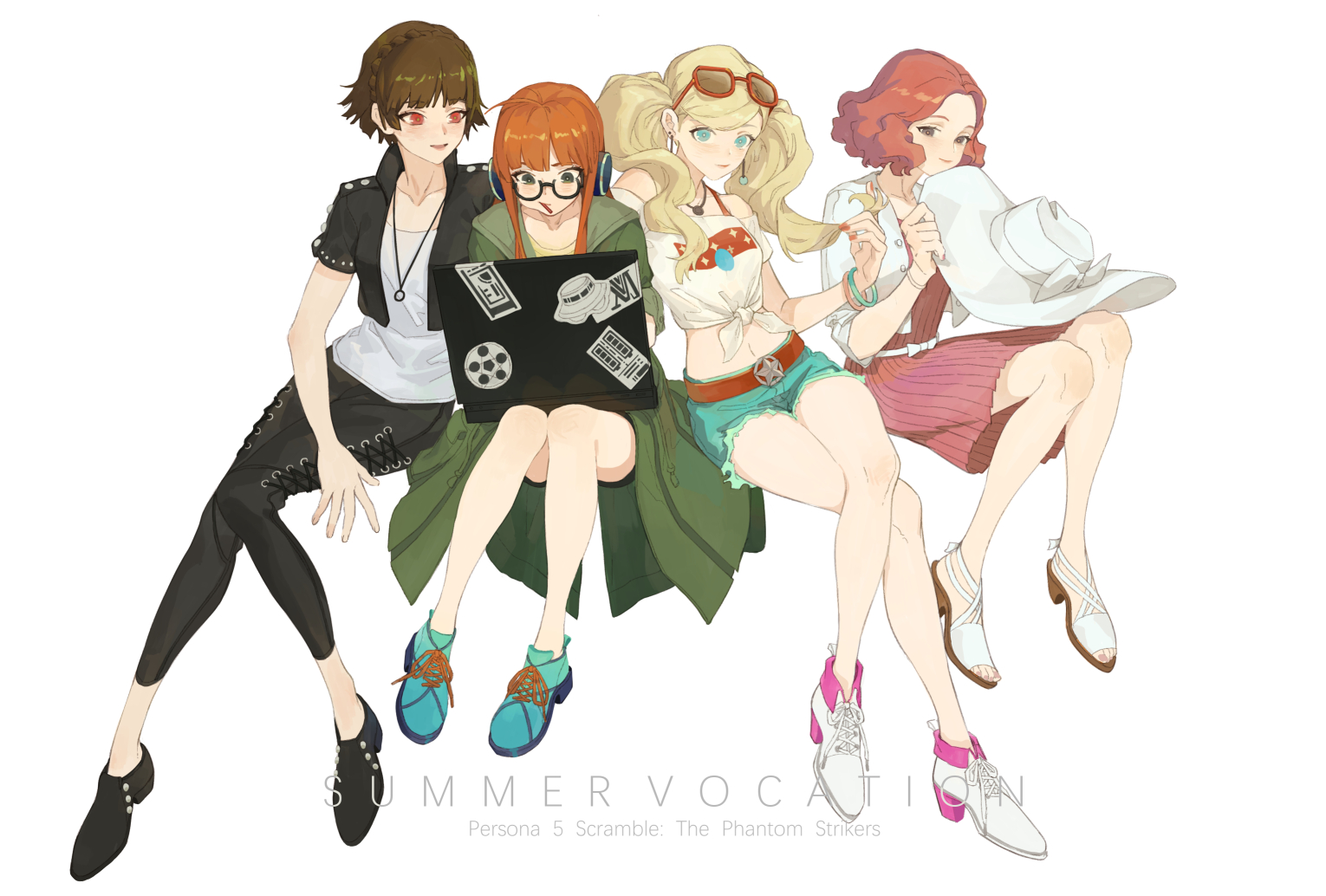 this image depicts four female characters from the persona 5 series.  they are all dressed in casual summer attire, with their hair styled and accessorized in various ways. they are sitting together, with one character looking at a laptop in front of her. the image has a bright and cheerful vibe, with vibrant colors and a playful atmosphere.