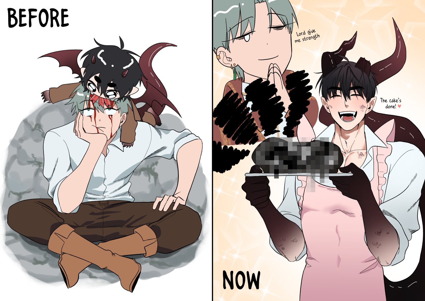the image shows a before and after transformation of a male character. the before image shows the character with a demon on his back, and the character has blood coming from a wound on his forehead and he looks sad. the after image shows the character smiling happily and he is wearing a cute apron and a cake on a plate in his hands.  the demon wings are gone,  and the character looks completely transformed.