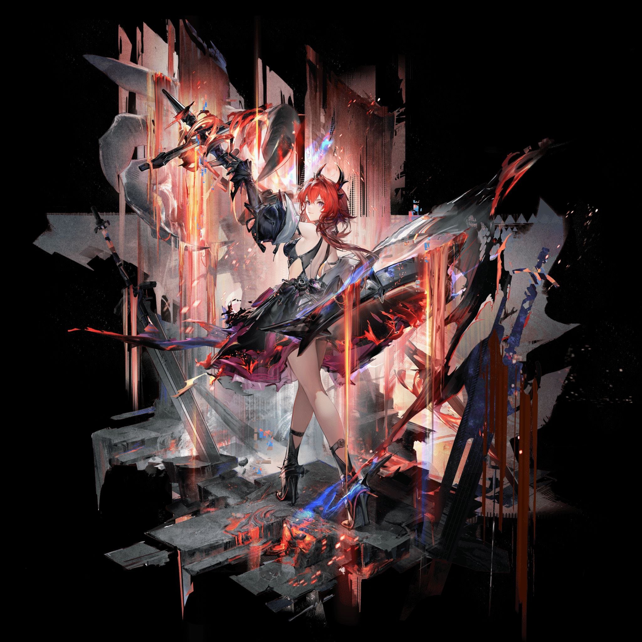 the image is a vibrant piece of digital fantasy artwork depicting a female anime character.  she possesses striking red hair and horns, suggesting a potentially demonic or supernatural element. she's clad in a dark, stylish dress with flowing fabric that seems to be infused with or surrounded by flames and fiery energy. the character wields a large, glowing swordlike weapon, possibly infused with fire, adding to the intensity of the scene. she stands dramatically amidst a backdrop of decaying, gothicstyle ruins or rubble, implying a scene of destruction or conflict. the overall style is dark, dramatic, and mysterious, with a strong focus on dynamic lighting and movement. the visual style suggests a character from a video game or anime series.