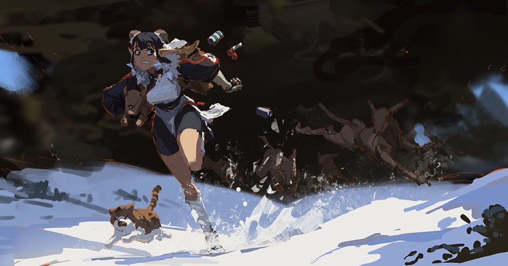 the image is a digital painting or illustration in an anime style. it depicts a young woman with short dark hair and a determined expression running through a snowy landscape. she is carrying a small dog in her arms and a backpack on her back.  other small, dark figures appear to be chasing her across the snow.  a cat is also running alongside her. the overall mood is one of urgent escape and action, with a dynamic composition and a focus on movement. the style is painterly and loose, using bold colors and brushstrokes.