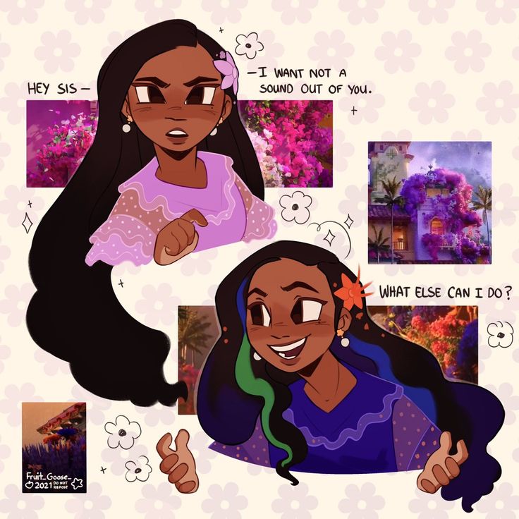 the image is a cartoon drawing of two young girls, wearing purple and pink dresses with flowers in their hair. they are standing in front of a pink background with flowers. the girls are talking and laughing, and the scene is set in a relaxed and happy setting.  the girls are friends and seem to be enjoying spending time together.