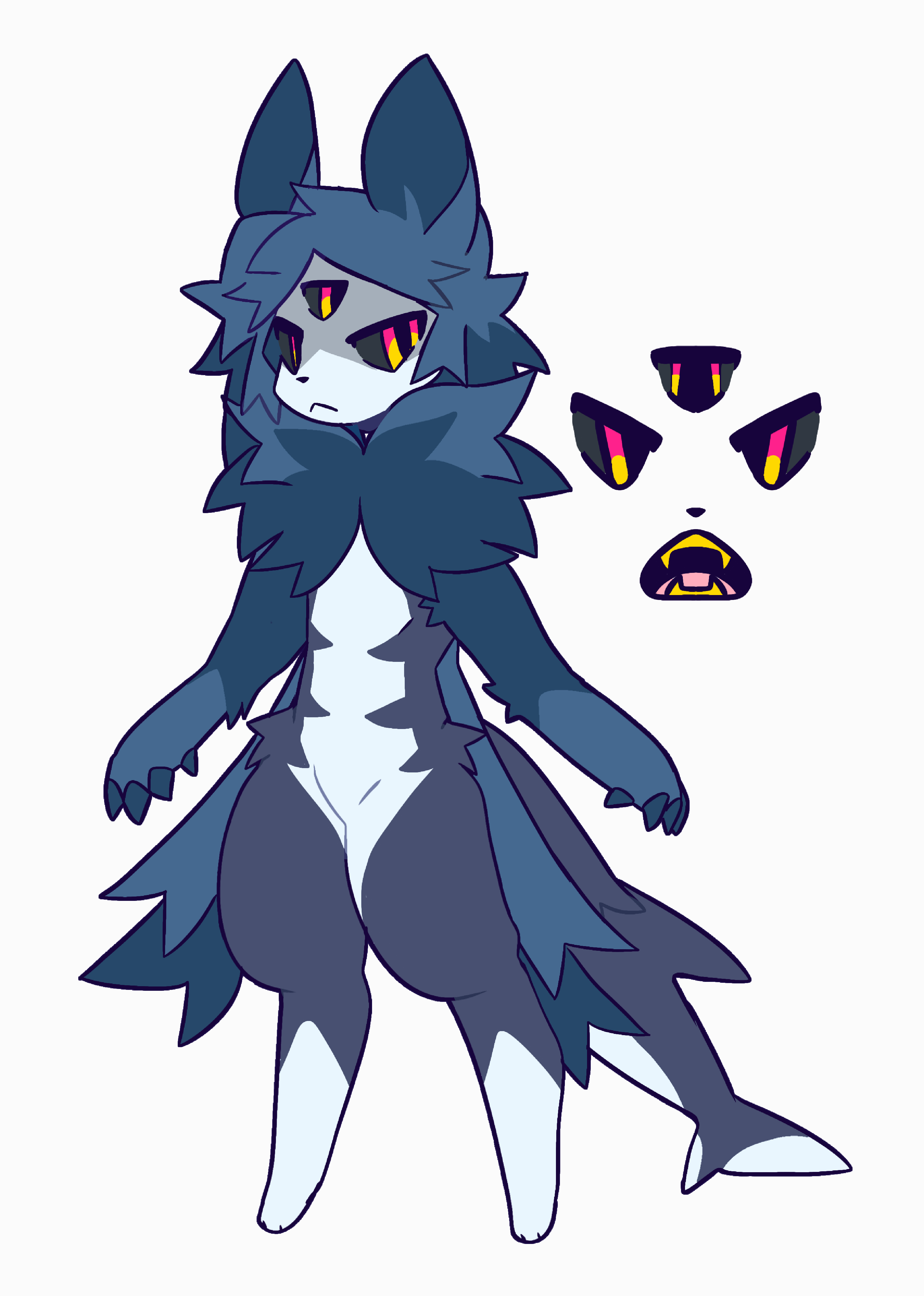 a cartoon illustration of a blue and white furry creature with three yellow eyes and a pink open mouth. the creature is standing with its tail behind it, and it has a cute and playful expression. the background is white.