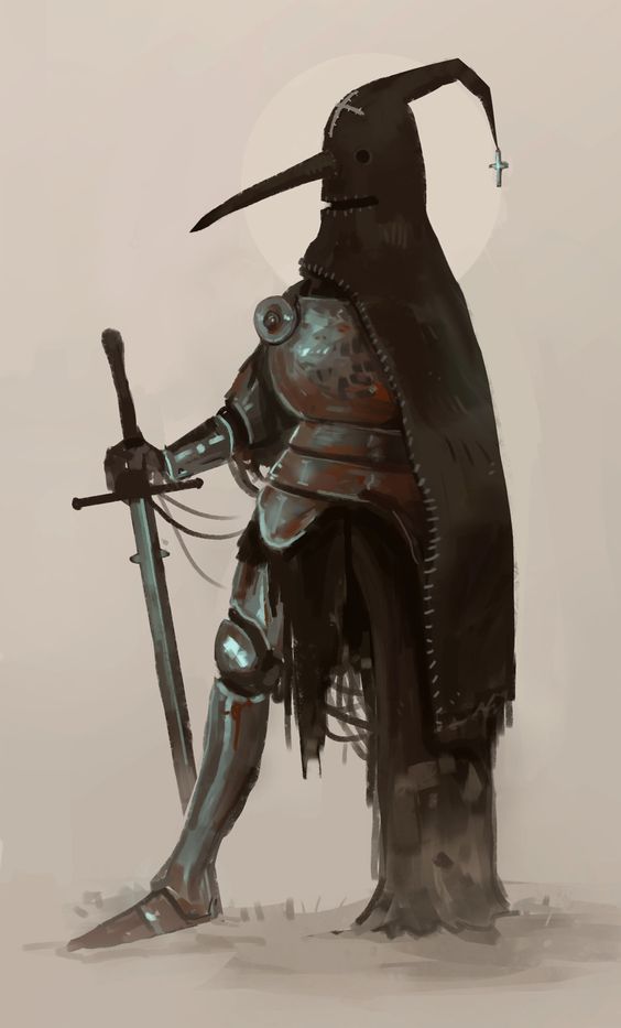 the image showcases a lone knight, clad in aged and weathered plate armor, standing against a desolate, neutral backdrop. the knight's most striking feature is a distinct plague doctor mask, replacing the traditional helmet. this lends an air of mystery and perhaps a sinister purpose. the knight's posture is one of vigilance, gripping a longsword firmly. the overall ambiance is steeped in somber tones, hinting at a world ravaged by conflict or disease.