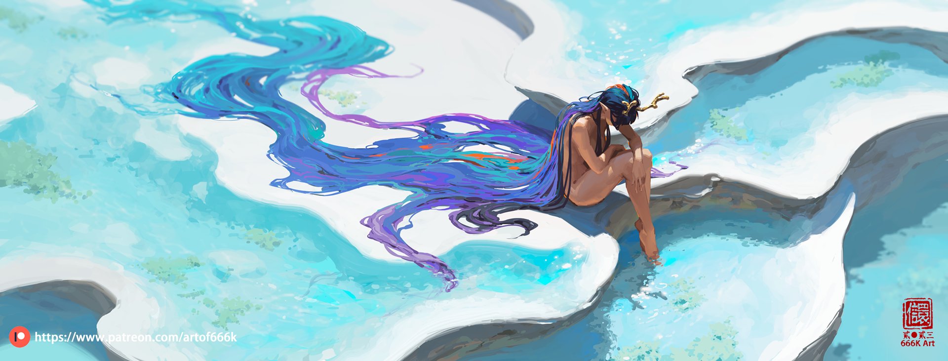 a digital painting of a serene, ethereal woman with long, flowing blue and purple hair sitting on white rocks in a pool of turquoise water. the style is painterly and dreamy, with soft brushstrokes and a focus on light and color. the woman appears peaceful and calm, almost mystical in her demeanor. the overall mood is one of quiet contemplation and beauty.  the artist's signature is visible in the bottom right corner.