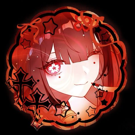 the image showcases a stylized portrait of an anime girl. she is framed within an intricate, redthemed border adorned with stars, crosses, flowers, and bells. her long, dark hair cascades around her face, partially obscuring a mischievous wink. the color palette emphasizes reds and blacks, creating a visually striking contrast. the overall aesthetic leans towards a darkcute style.