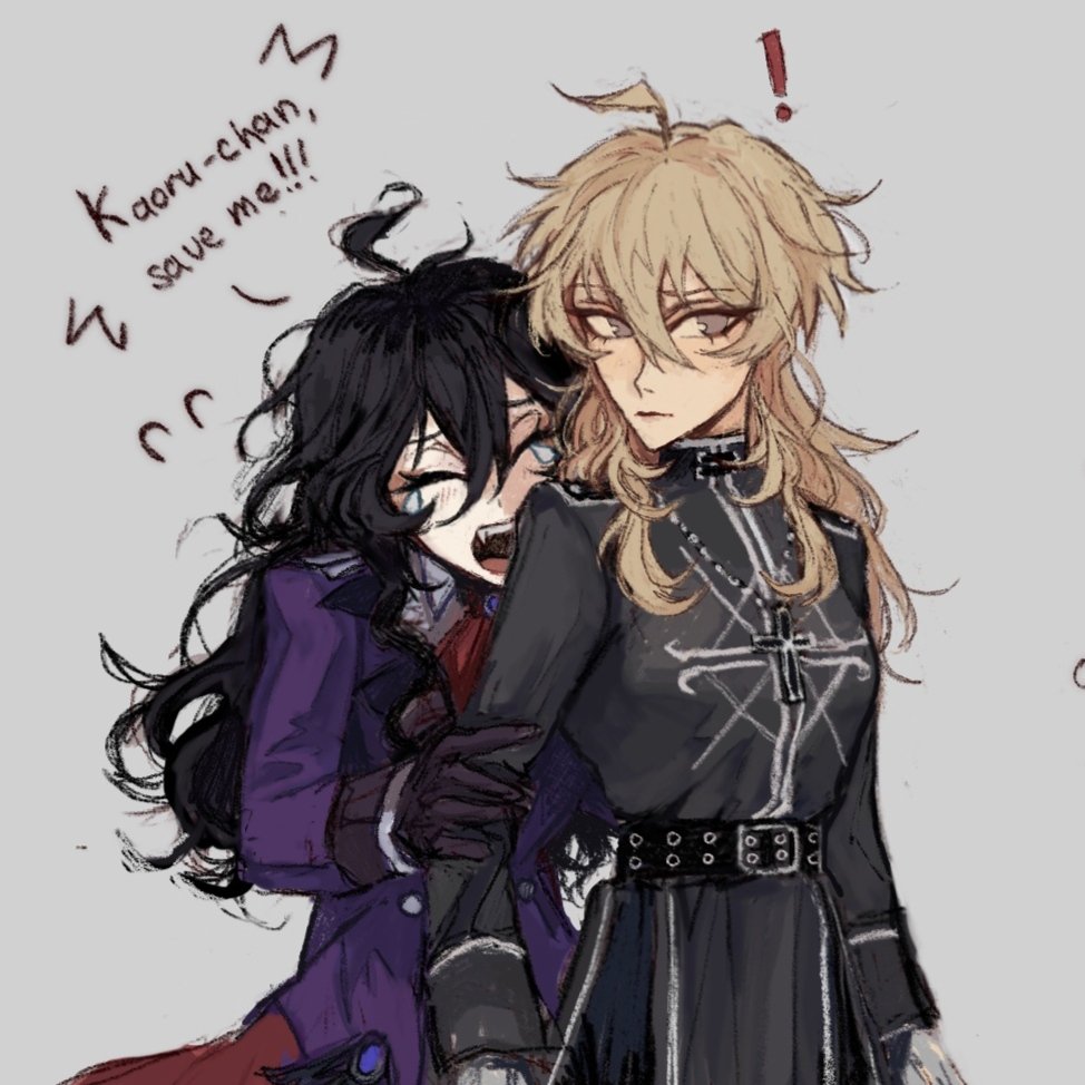 he image shows a digital drawing of two animestyle girls. one has long black hair and is wearing a purple coat. the other has long blonde hair and is wearing a black dress with a cross necklace. the blackhaired girl is clinging to the blondehaired girl, with a speech bubble above her head saying, "kaoruchan, save me!!" the style is dark and expressive.