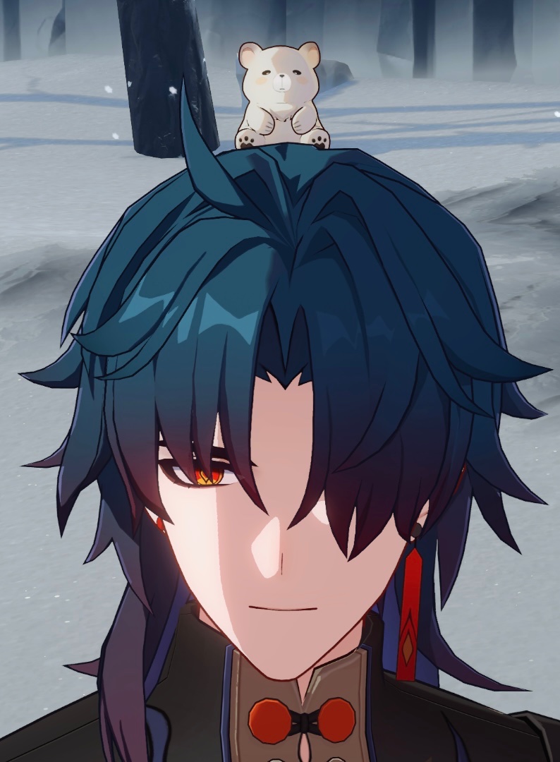 a closeup portrait of xiao, a male character from the video game genshin impact, is shown. he has black and blue hair and is wearing a black and red outfit. his eyes are open and he has a small, happy smile. there is a small white bear sitting on top of his head.