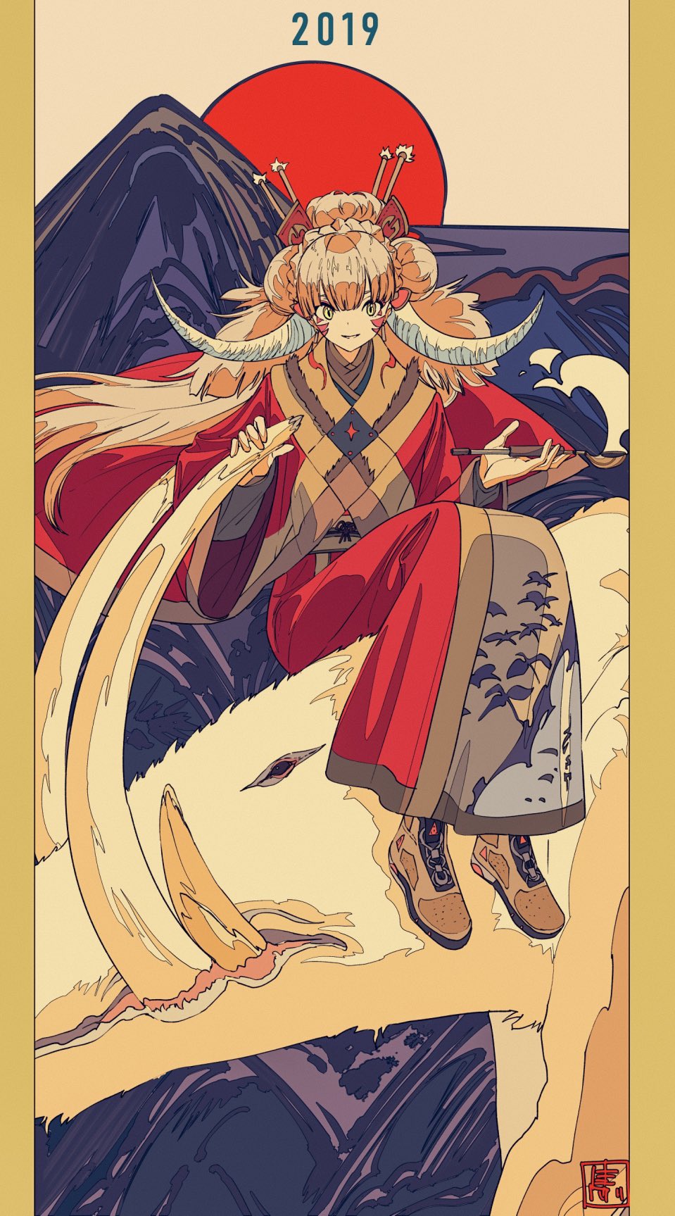 this digital artwork depicts an animestyle girl with long blonde hair and horns, dressed in a traditional japanese red kimono. she's sitting atop a large, pale creature resembling a boar or other mythical beast with prominent tusks. the background features stylized mountains and a setting sun, with "2019" prominently displayed at the top, suggesting a new year's theme. the overall style is a blend of modern anime aesthetics and traditional japanese art influences, with a color palette evoking a sense of warmth and celebration.