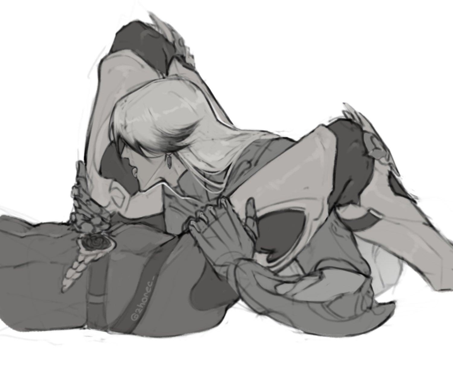 the image is a grayscale digital sketch or drawing depicting two figures, seemingly male, in a close embrace. one figure has long, flowing hair and appears to be wearing lighter, less bulky armor or clothing compared to the other figure, whose armor or clothing seems heavier and more mechanical.  the style is suggestive of romance or affection, with a closeness that hints at intimacy. the overall style is loose and suggestive rather than highly detailed.  the art style blends elements of fantasy and scifi, perhaps with mecha or robotic elements in the characters' attire. the figures' positions suggest a moment of passion or deep connection. the background is plain and white, emphasizing the figures in the foreground.