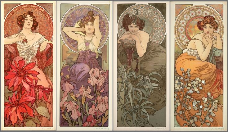 the image shows four art nouveau style panels featuring women representing gemstones. each panel has a woman in a flowing dress, surrounded by flowers and decorative ornamental circles. from left to right, the panels represent ruby with red flowers, amethyst with purple flowers, emerald with green foliage, and topaz with yelloworange fabric and white flowers.