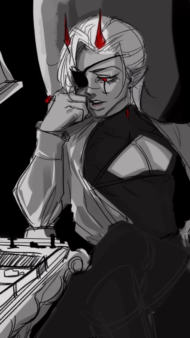 the image is a stylized black and white drawing or digital painting of an androgynous character with devil horns. the character is seated in what looks like a large chair or throne, wearing a dark, elegant outfit with a single red eyepatch. they appear brooding and pensive, with one hand to their face. the overall style is dark and mysterious, with sharp lines and shading that creates a sense of depth and drama.  the art style blends elements of fantasy and a sophisticated modern aesthetic. there are subtle red accents on the horns and seemingly on the character's cheek. the background is dark and indistinct, focusing all attention on the main character.