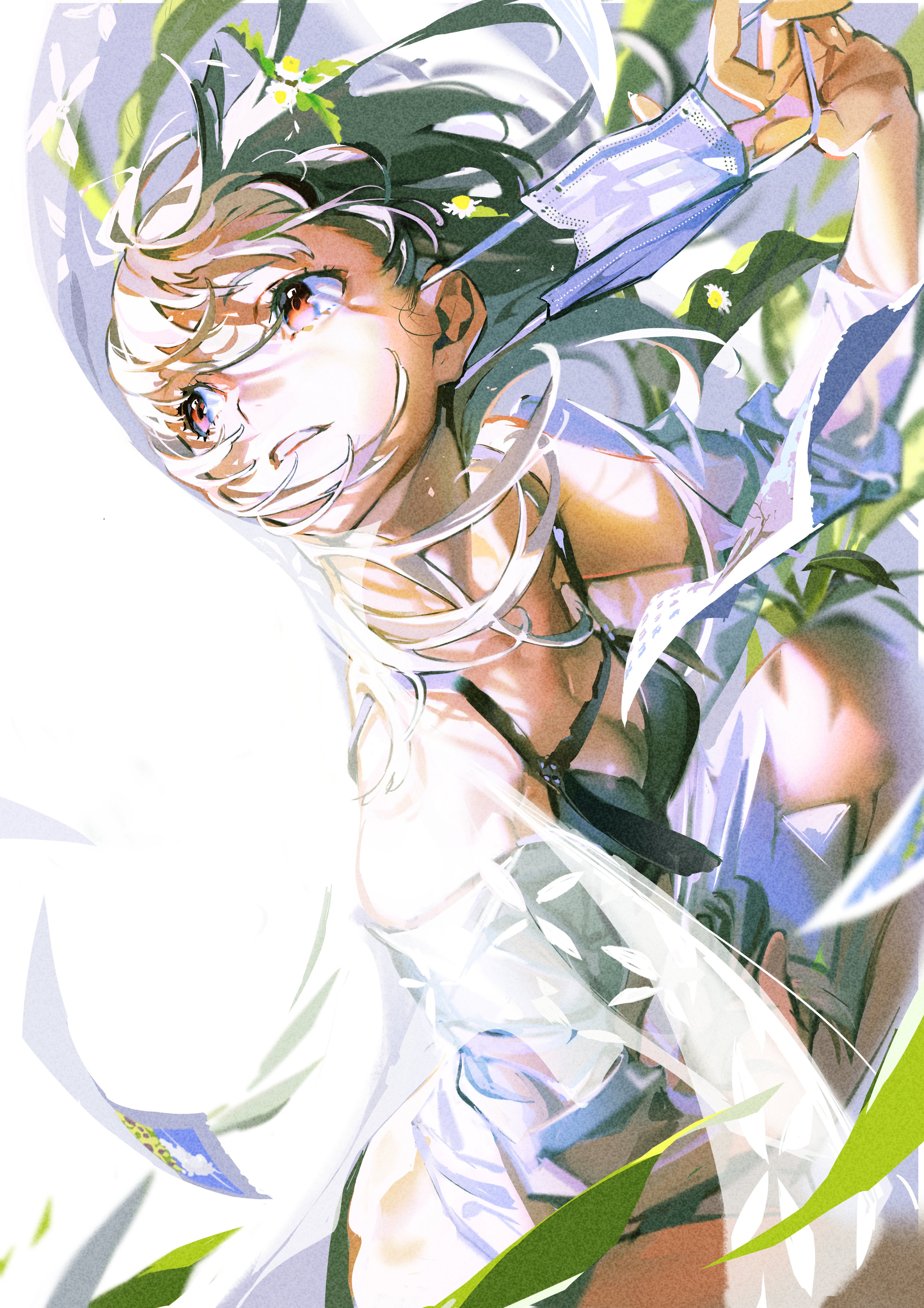 the image is a vibrant animestyle illustration of a young woman seemingly removing a surgical mask, her face turned upwards towards the sunlight. her expression holds a mix of relief and lingering sadness. her windblown hair and clothing, alongside scattered daisies and leaves, create a sense of motion and transition. the overall palette is light and airy, suggesting a hopeful atmosphere.