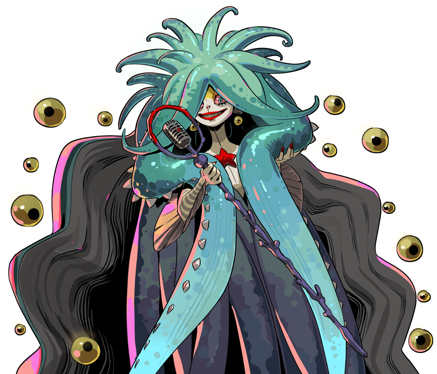 this digital art piece features a cartoon woman character. she is standing on a white background with a  bright red star visible on her chest. she is wearing a long, flowing black gown that is highlighted with pink around her neck. her hair is green with blue tentacles that are coming out of her hair. there are many large gold eyes around her. the image is rendered in a cartoon style, with vibrant colors and exaggerated features.