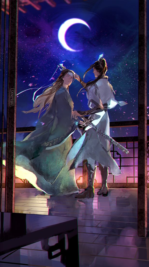 he image is a digital painting depicting a romantic scene between two animestyle characters.  the characters, a male and a female, are dressed in elegant, flowing chinesestyle clothing (hanfu). they stand on a balcony at night under a crescent moon and a starry sky. the female character appears to be placing something on the male character's head. they are holding a sword between them. the overall style is fantasyromance with a magical and ethereal atmosphere. the colors are soft and muted, with a focus on purples, blues, and greens.  the background features a lattice balcony and a night sky filled with stars and a crescent moon. the scene feels intimate and tender.